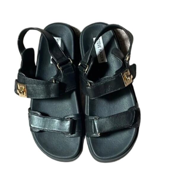 Steve Madden Adult Black Leather Sandals with Gold Hardware. 9 - Picture 1 of 5
